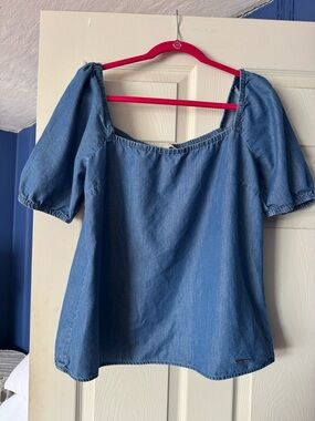 Michael Kors Blue Denim Puff-Sleeve Square Neck Blouse